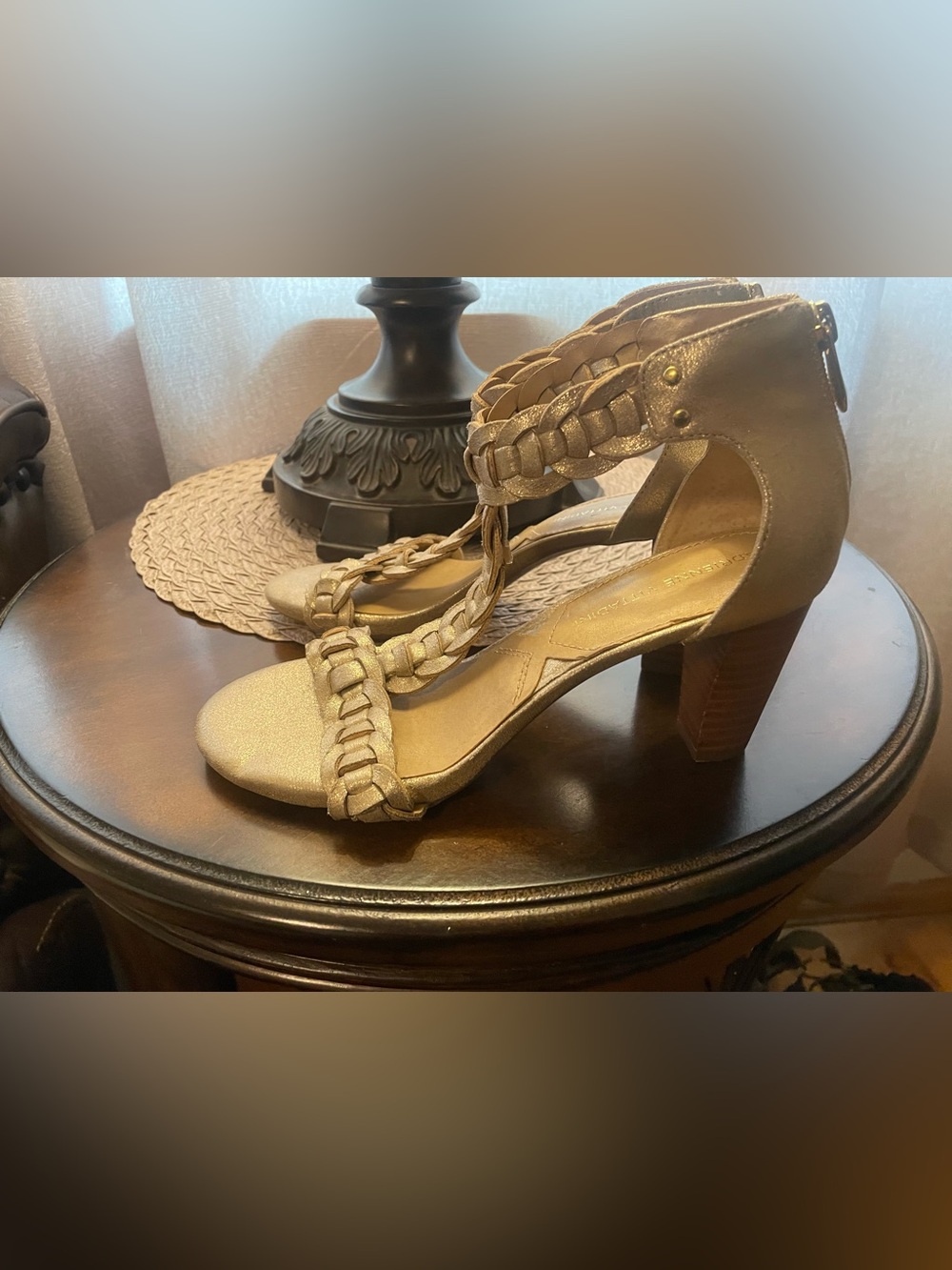 Adrienne Vittadini Braided T-Strap Block Heel Sandals - Gold